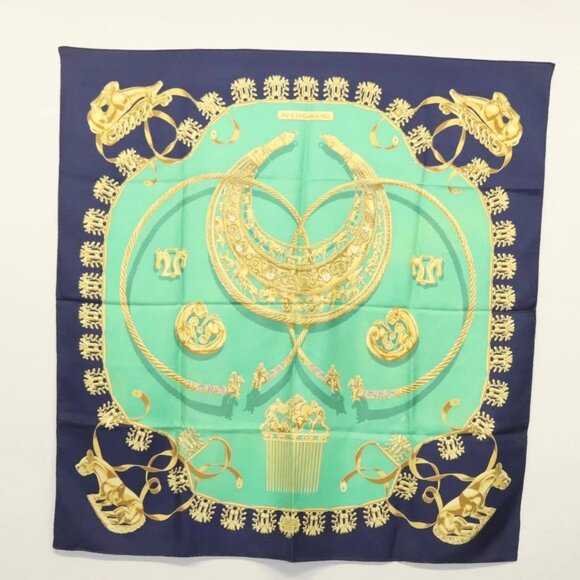 HERMES Carre 90 Scarf ""LES CAVALIERS D'OR"" Silk Green Auth BA5572 - Picture 1 of 11